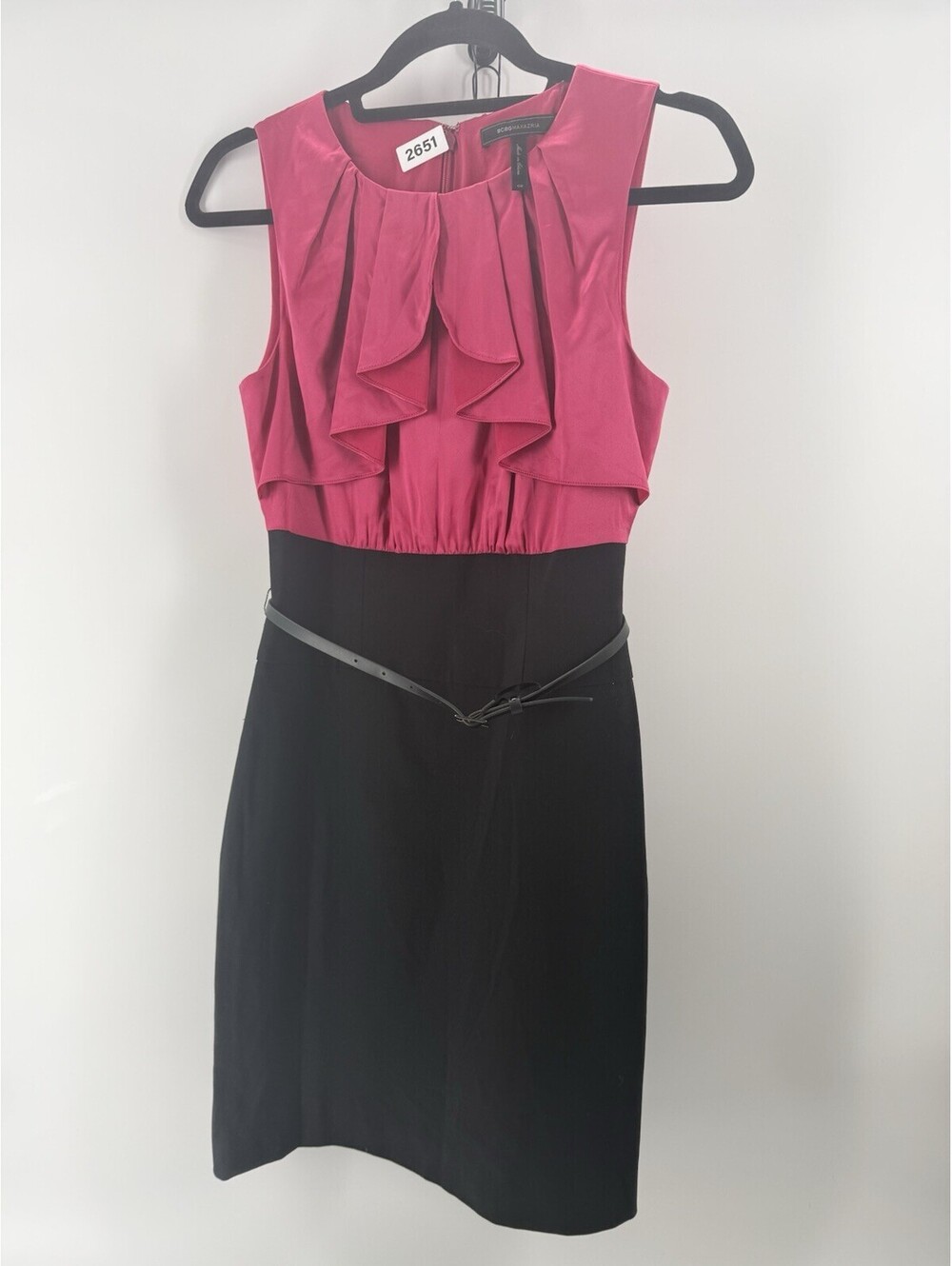 bebe little Black Dress Pink Ruffle Accent With Belt Size 2